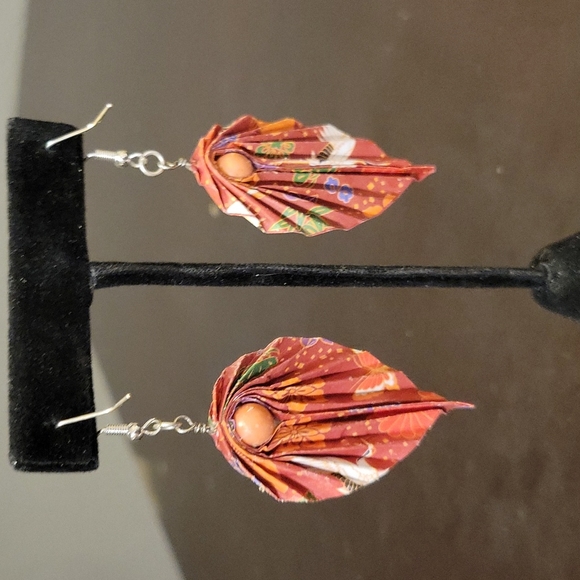 Hand Folded Origami Leaf Earrings Burnt Orange with Matching Bead Sterling - Picture 6 of 8